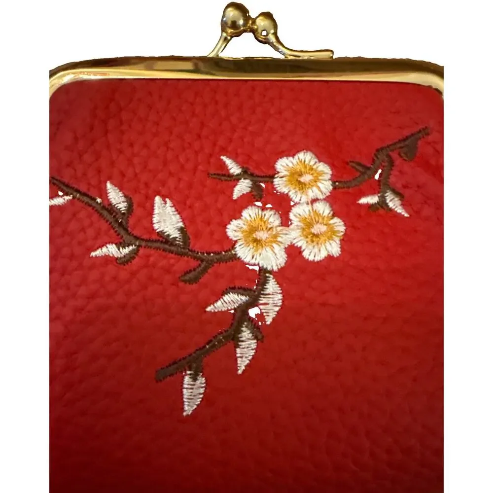 NWT Kiss Lock Coin Purse Red Faux Leather Floral Embroidered Goldtone Frame